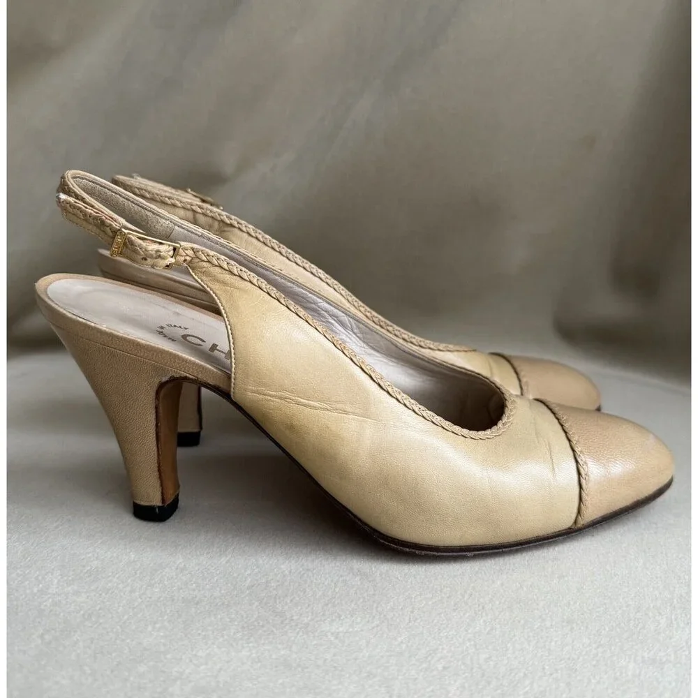 Chanel Vintage Sling back Size 6G Beige Leather Heels Shoes - Picture 2 of 9